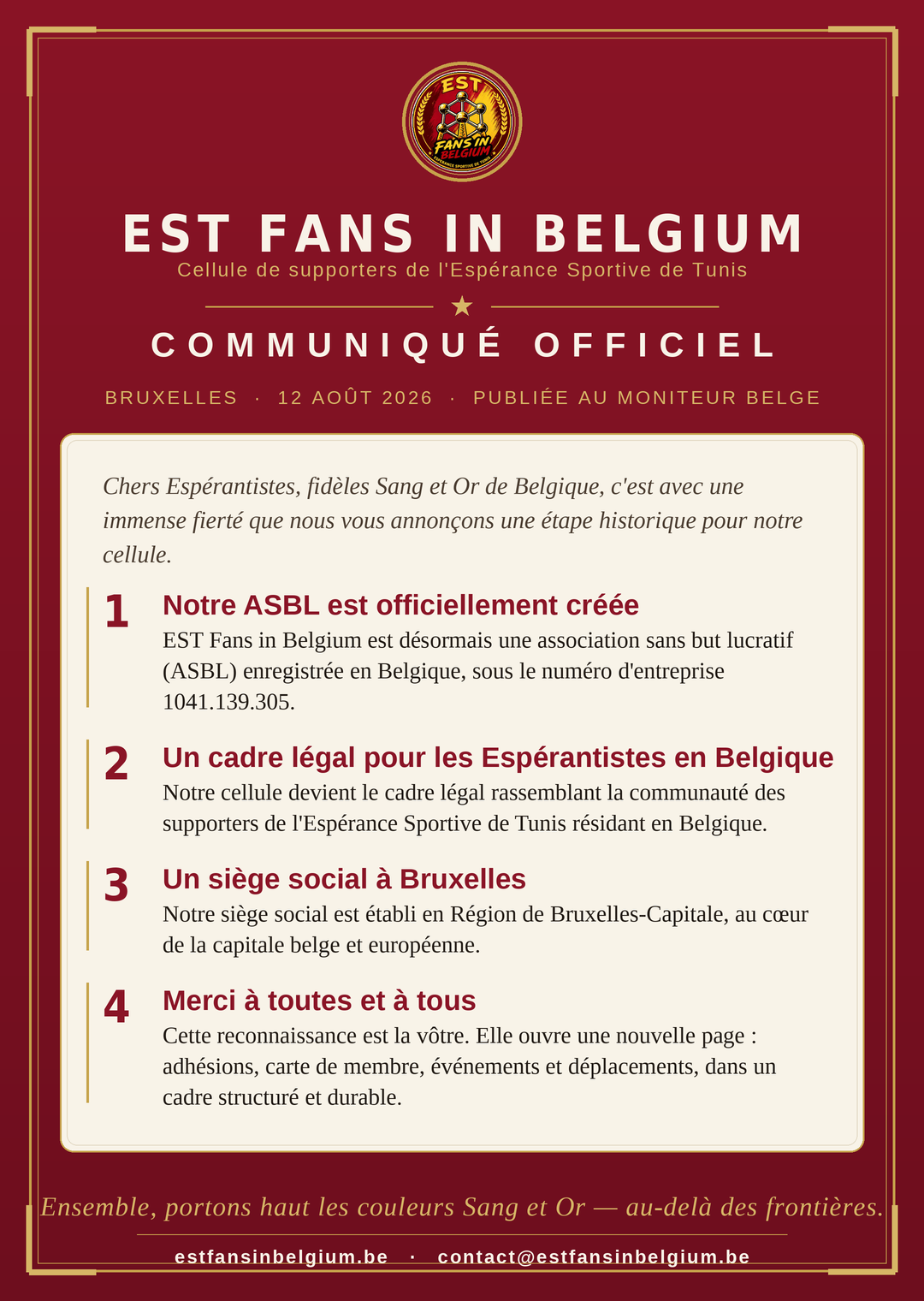 Communiqué officiel — création de l'ASBL EST Fans in Belgium